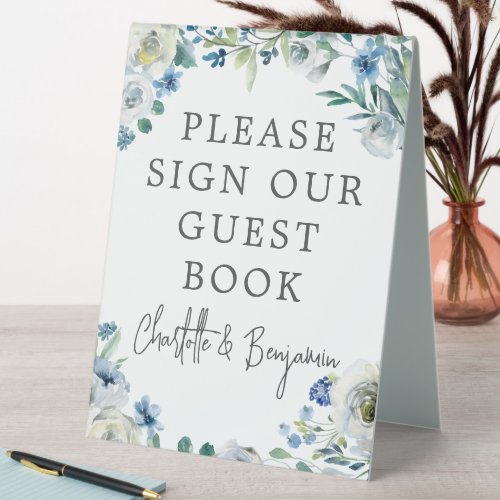 Blue Floral Wedding Sign Our Guest Book Table Tent
