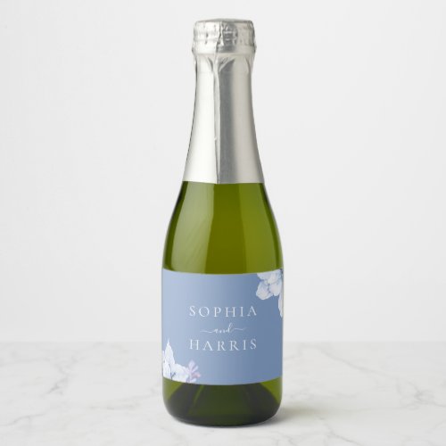 Blue Floral Wedding Sparkling Wine Label