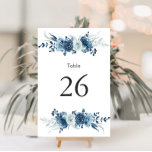 Blue floral wedding table number<br><div class="desc">A lovely blue and white design with painted blue watercolor flowers. The text and colors on this card can be personalized.</div>