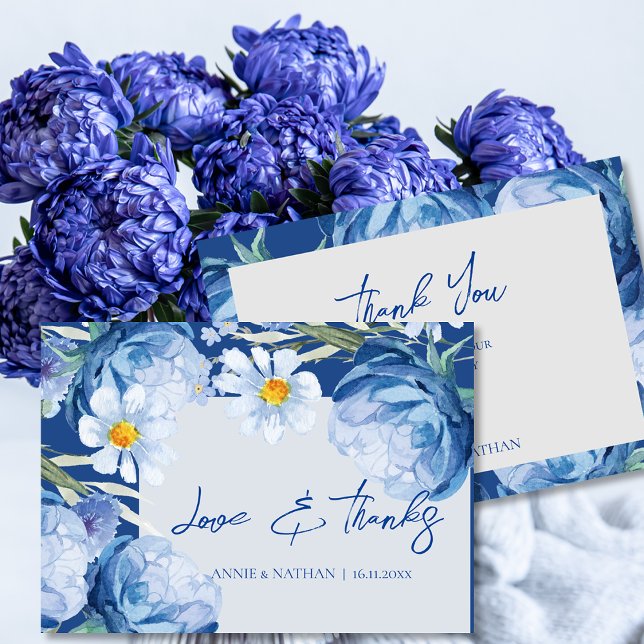Blue Floral Wedding Thank You Card  (Elegant Pretty Blue Flowers Trendy Floral Wedding Thank You Card)