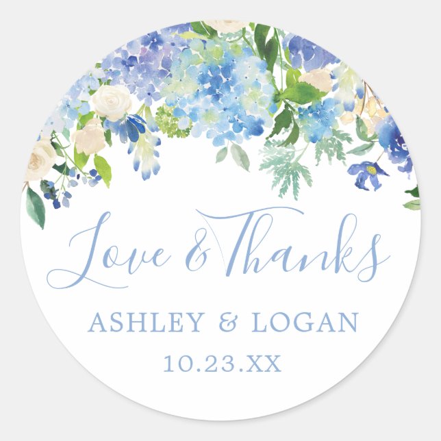 Blue Floral Wedding Thank You Favor Sticker (Front)