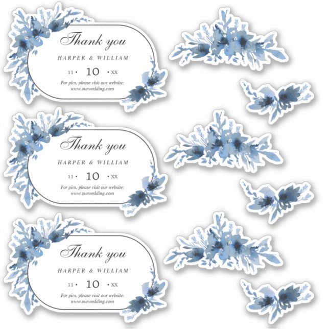 Blue floral Wedding thank you sticker (Front)