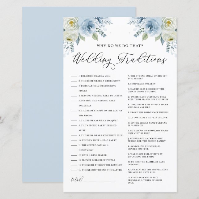 Blue Floral Wedding Traditions Bridal Shower Game (Front/Back)