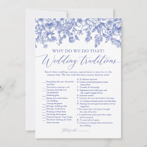 Blue Floral Wedding Traditions Bridal Shower Game Invitation