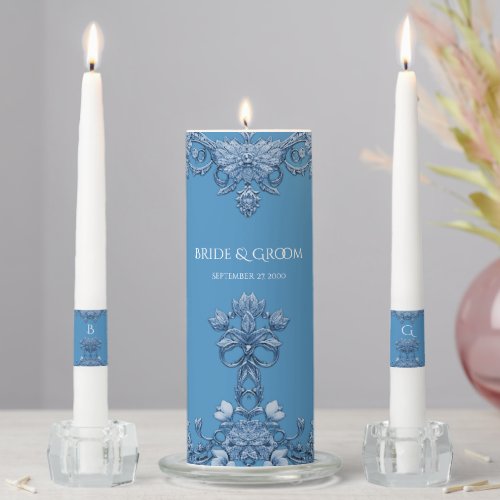 Blue Floral Wedding Unity Candle Set