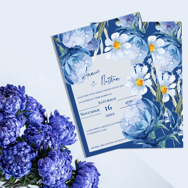 Blue Floral Wedding | Watercolor Floral Design Invitation (Chic Pretty Blue Flowers Trendy Floral Wedding Invitation)