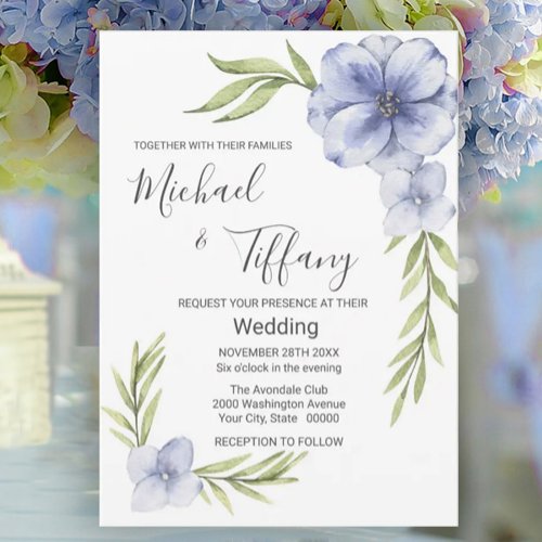 Blue Floral Wedding Watercolor Invitation