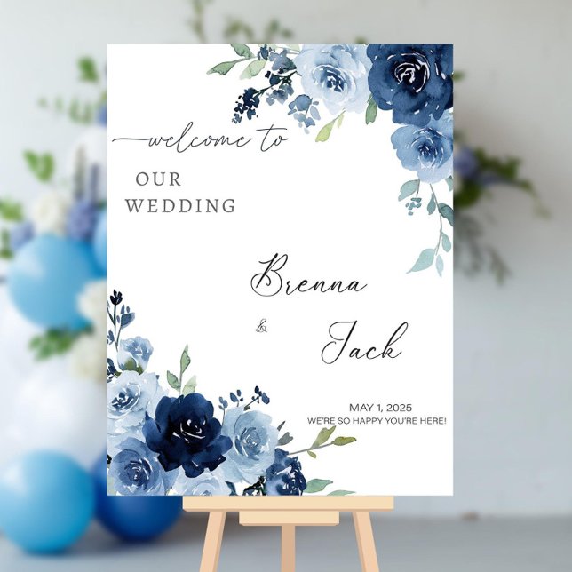 Blue Floral Wedding Welcome Sign Printed, Dusty (Creator Uploaded)