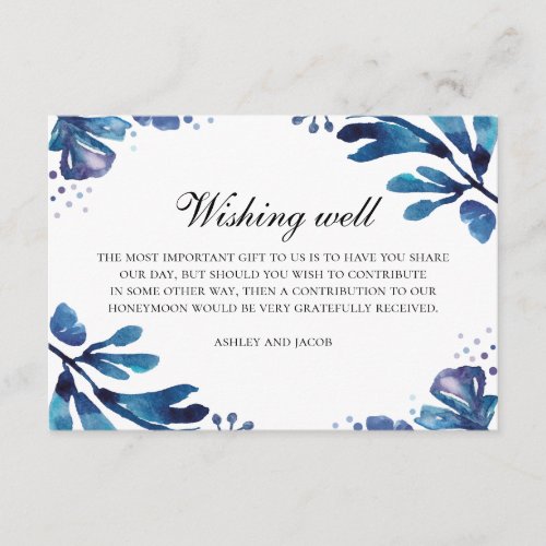 Blue floral wedding wishing well Navy botanical Enclosure Card