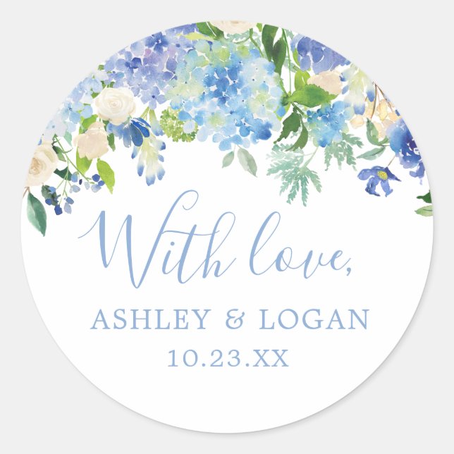 Blue Floral Wedding With Love Favor Sticker (Front)