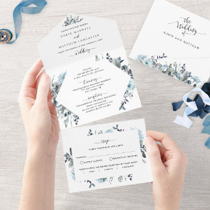 Blue Floral Wedding with Perforated RSVP All In One Invitation