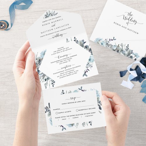 Blue Floral Wedding with Perforated RSVP All In One Invitation