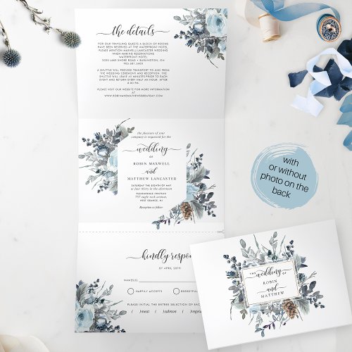 Blue Floral Wedding with RSVP All in One  Tri_Fold Invitation