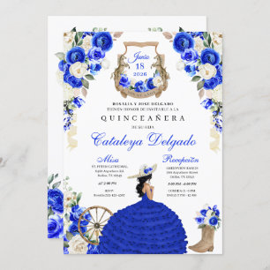 Blue Floral Western Mariachi Charro Quinceañera Invitation