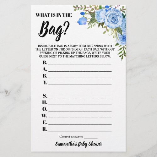 Blue Floral What is in the Bag Baby Shower Game Flyer