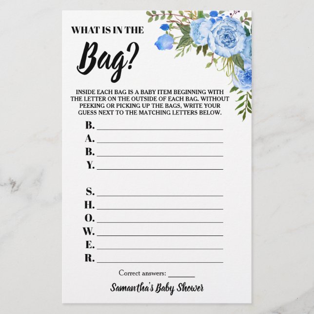 Blue Floral What is in the Bag Baby Shower Game Flyer (Front)