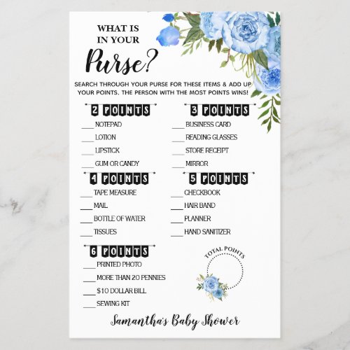 Blue Floral What is in your Purse Baby Shower Card Flyer