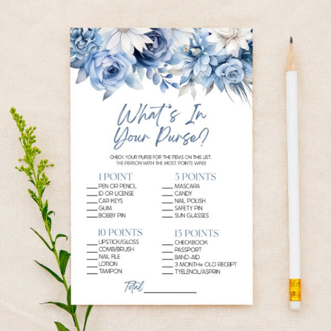 Blue Floral What's In Purse Bridal Shower Game Stationery (Creator Uploaded)