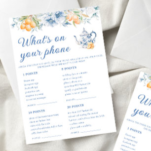 Blue Floral What's On Your Phone Bridal Game Cards