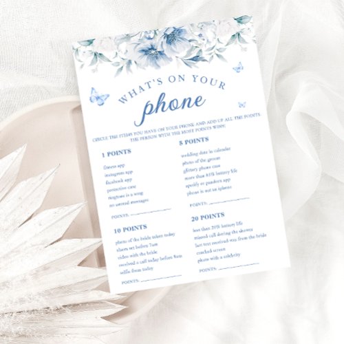 Blue Floral Whats On Your Phone Bridal Game Cards