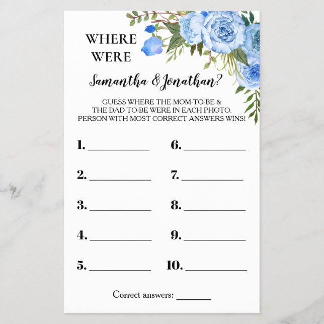 Blue Floral Where were They Baby Shower Game Card Flyer (Front)