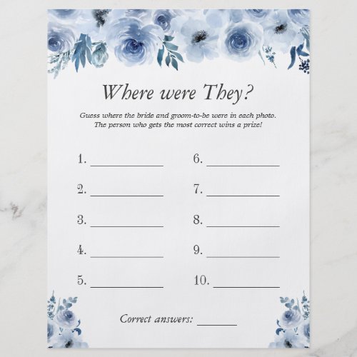 Blue Floral Where Were They Bridal Shower Game Flyer
