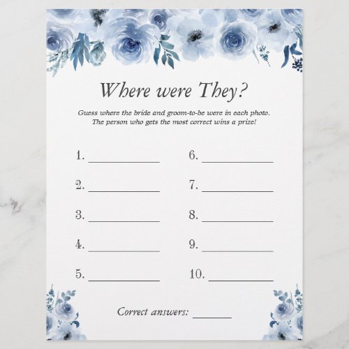 Blue Floral Where Were They Bridal Shower Game Flyer