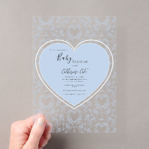 Blue Floral Whimsical Heart Baby Shower Acrylic Invitations