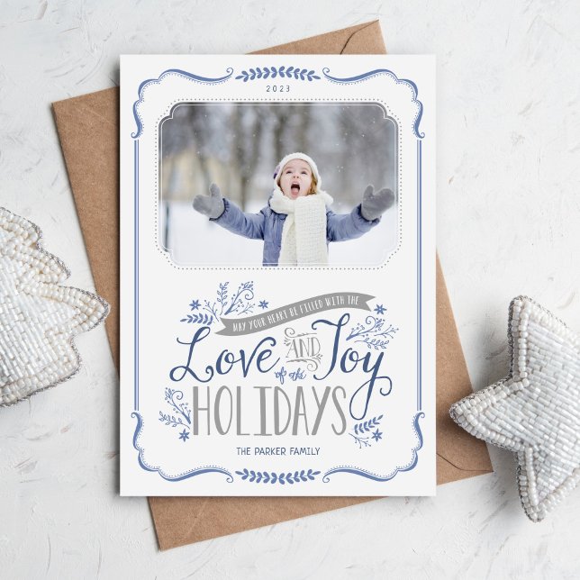 Blue Floral Whimsy 2 Photo Flat Holiday Card (Creator Uploaded)