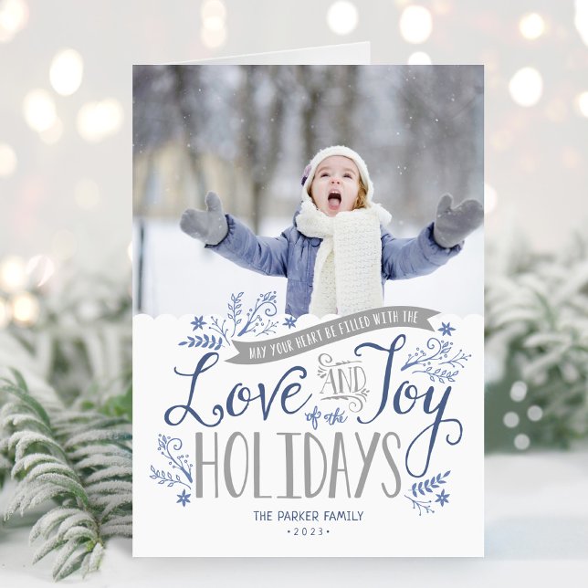 Blue Floral Whimsy 2 Photo Folded Holiday Card (Creator Uploaded)