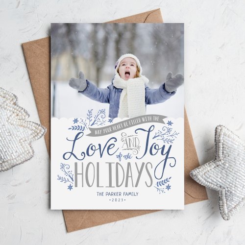 Blue Floral Whimsy Holiday Photo Card