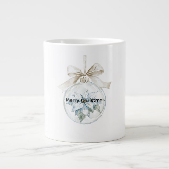 Blue Floral White Bow Christmas Ornament Giant Coffee Mug (Front)