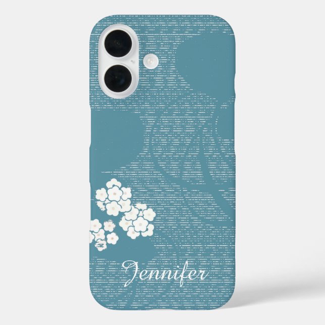 Blue Floral White Flowers, Modern Minimalist, Name Case-Mate iPhone Case (Back)