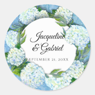 Blue Floral White Hydrangea Leaf Damask Wedding Classic Round Sticker