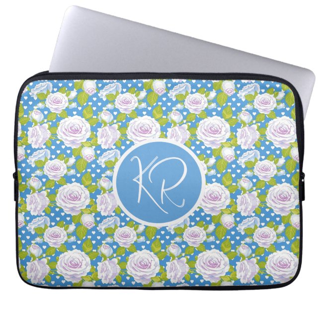 Blue Floral White Rose Trendy Monogram Initials Laptop Sleeve (Front)