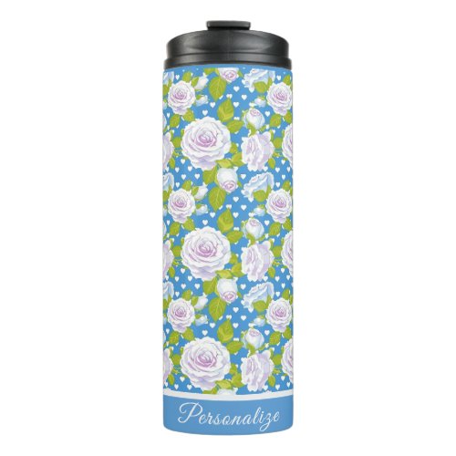 Blue Floral White Rose Trendy Style Thermal Tumbler