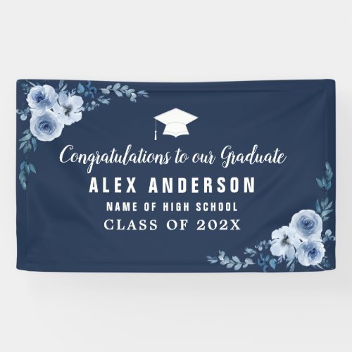blue floral white text graduation banner