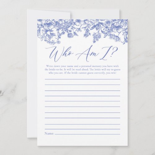 Blue Floral Who Am I Bridal Shower Game Card