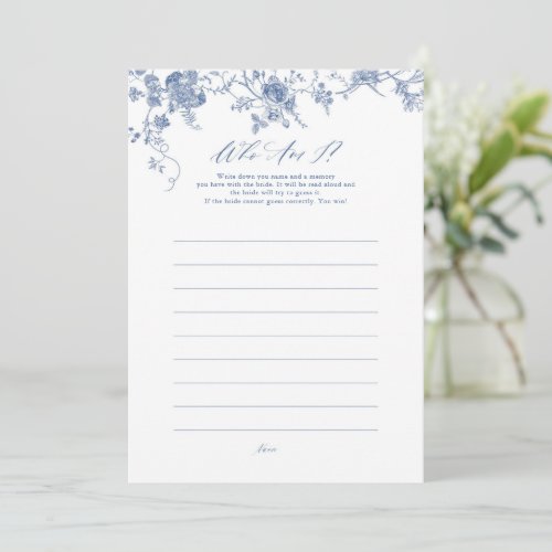 Blue Floral Who Am I Bridal Shower Game Cards