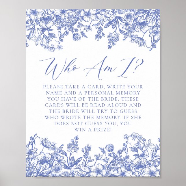Blue Floral Who Am I Bridal Shower Game Sign (Front)
