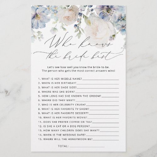 Blue Floral Who Knows Bride the Best Shower Game