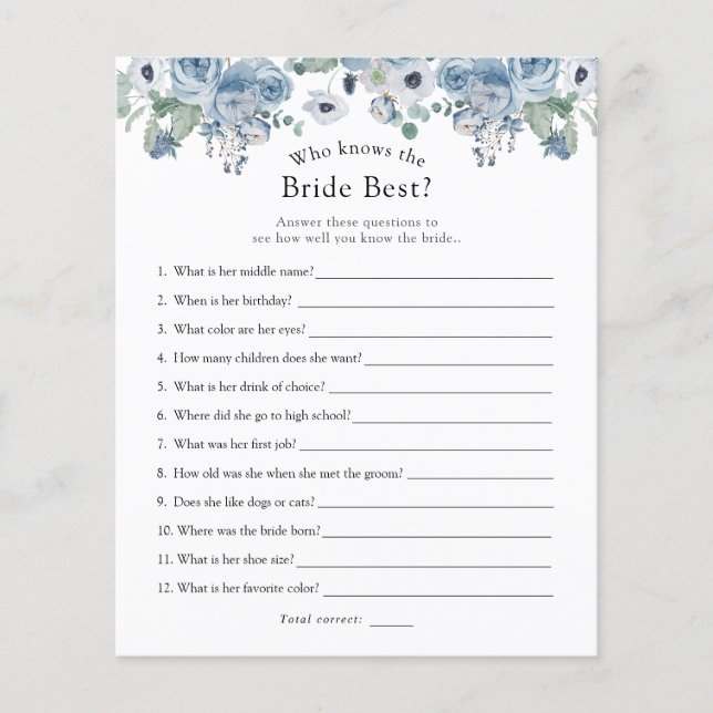 Blue Floral Who Knows the Bride Best Bridal Game (Front)