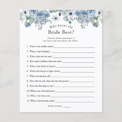 Blue Floral Who Knows the Bride Best Bridal Game