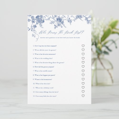 Blue Floral Who Knows The Bride Best Game Cards