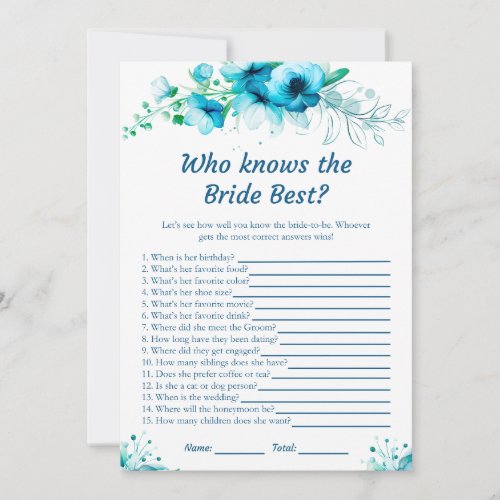 Blue Floral Who Knows the Bride Best Game Cards 