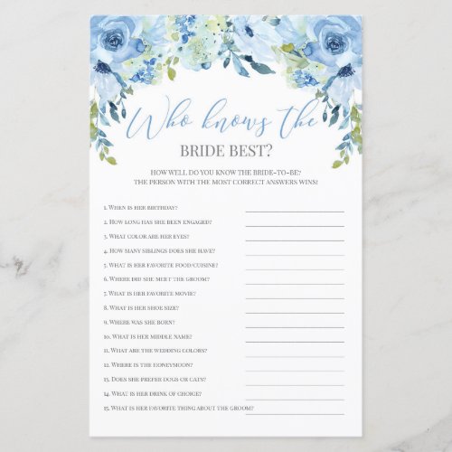 Blue floral who knows the bride best game editable