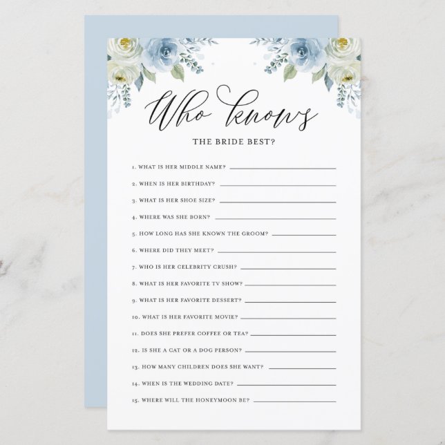 Blue Floral Who Knows the Bride Best Shower Game (Front/Back)