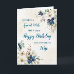 Blue Floral Wife Birthday Card<br><div class="desc">A beautiful card for your wife on her birthday with elegant navy blue and cream watercolor flowers.</div>