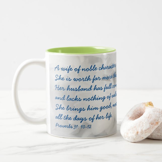Blue Floral Wife of Noble Character Scripture Two-Tone Coffee Mug (With Donut)