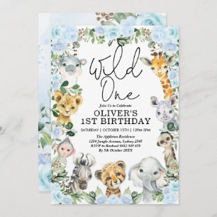 Blue Floral Wild One Jungle Safari 1st Birthday Invitation